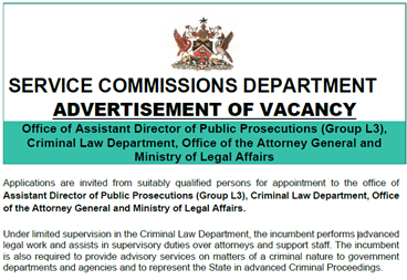Trinidad and Tobago Service Commissions Department Advertisement of Vacancy
